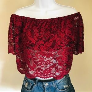 Women’s Off-Shoulder Lace Shirt, Burgundy
